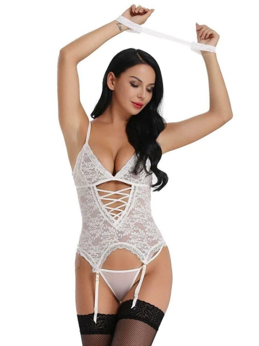 Women's Sexy Lingerie Lace Mesh Corset V-Neck Teddy Babydoll Sleepwear Thong Set